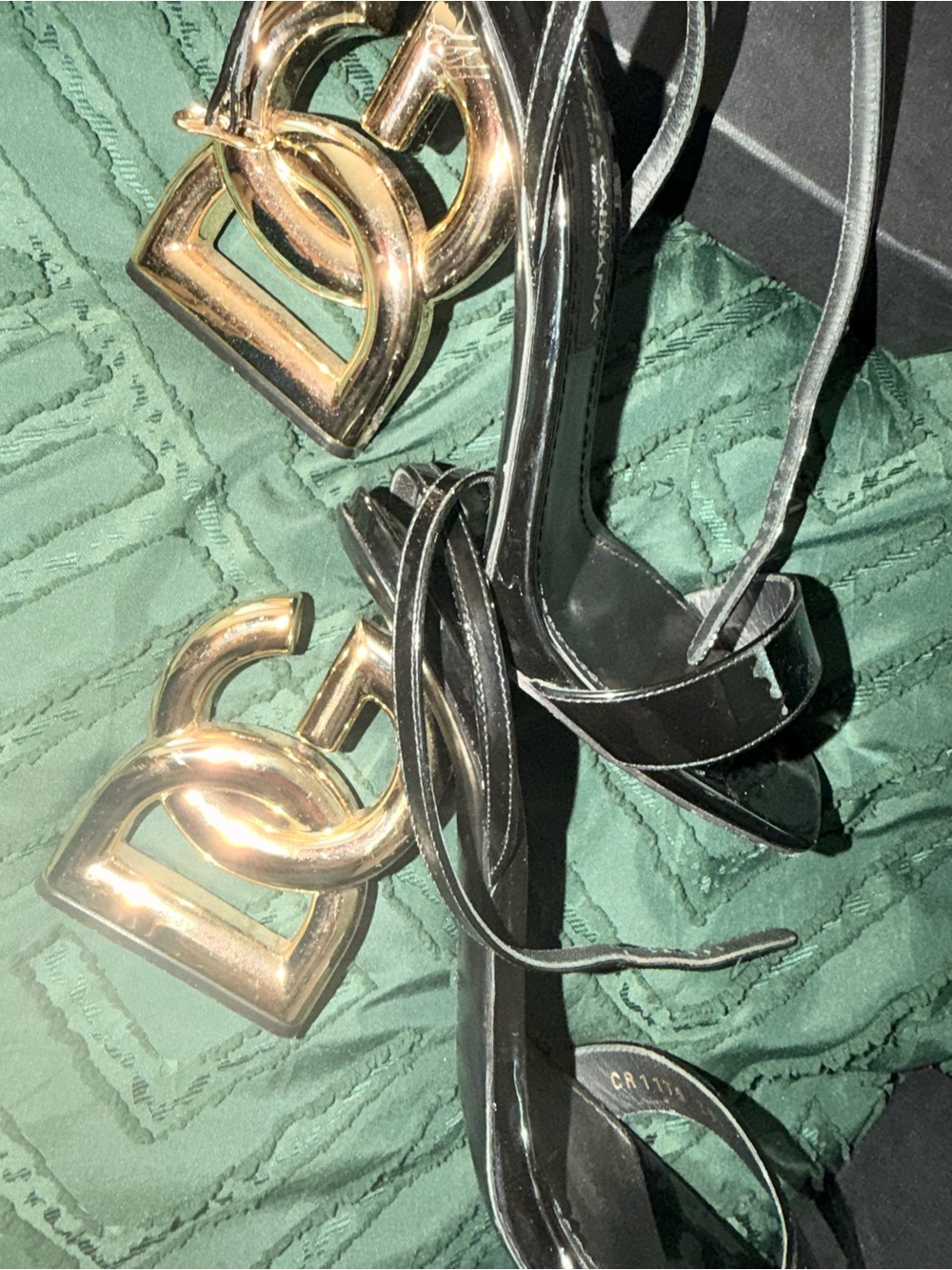 Dolce & Gabbana Black Patent Leather Gold Logo High Heel Sandals